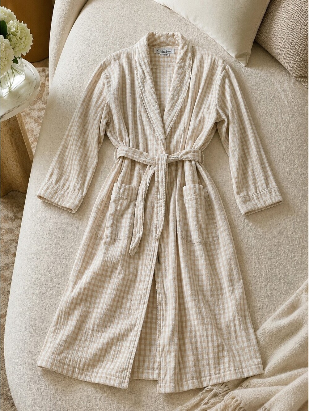 Vintage Christian Dior Beige Gingham Long Robe Size Small - Quilted Collar - GUC